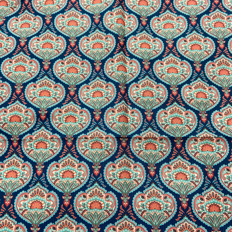 Floral Pattern Screen Print on Blue Cotton Fabric