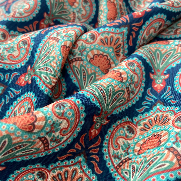 Floral Pattern Screen Print on Blue Cotton Fabric