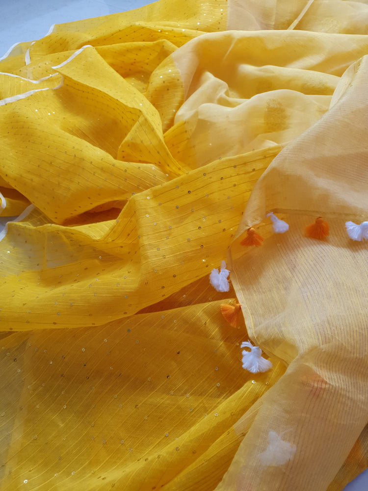 Beautiful Handwoven Yellow Linen Resham Sari with sequins