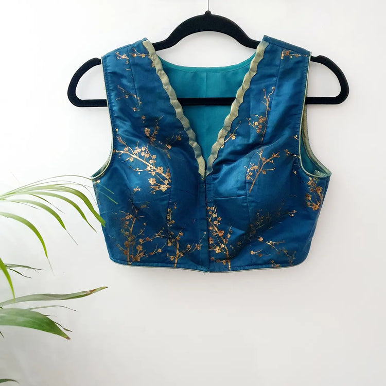 Cyan Blue wth Golden Printed Designer Blouse