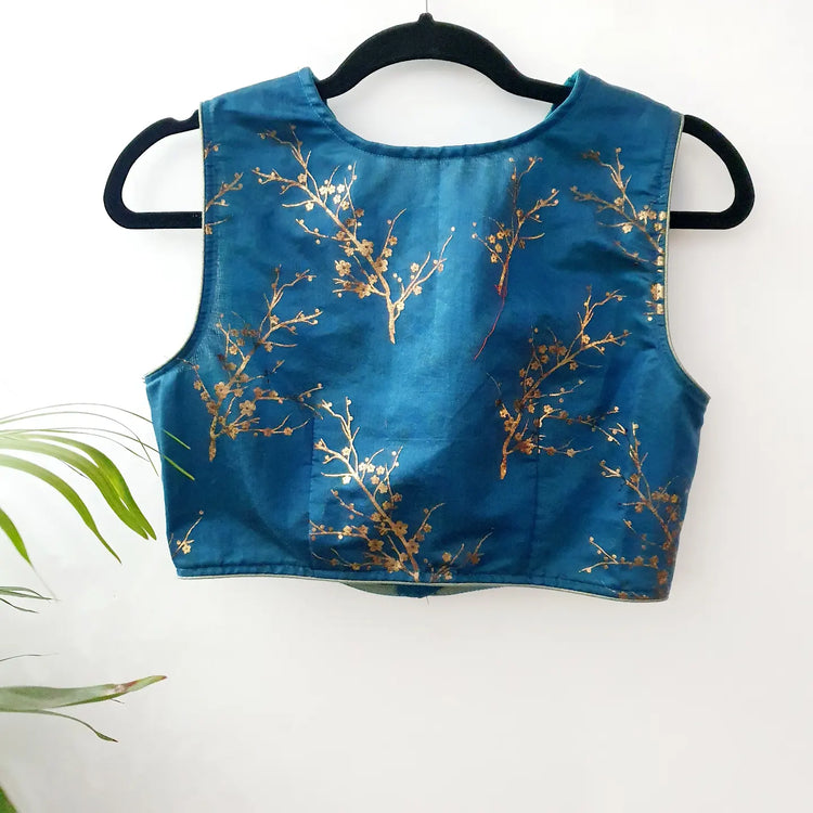 Cyan Blue wth Golden Printed Designer Blouse