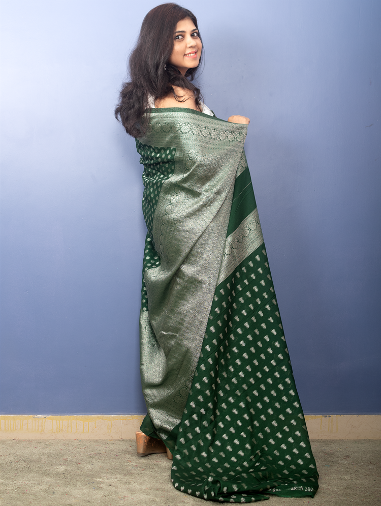 Green Banarasi Georgette Sari With Silver Zari Work