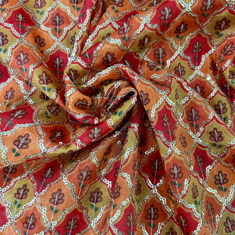 Multi Color Orange Red Shade With Sequin Embroidery Fabric