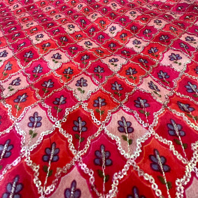 Multi Color Pink Red Shade With Sequin Embroidery Fabric