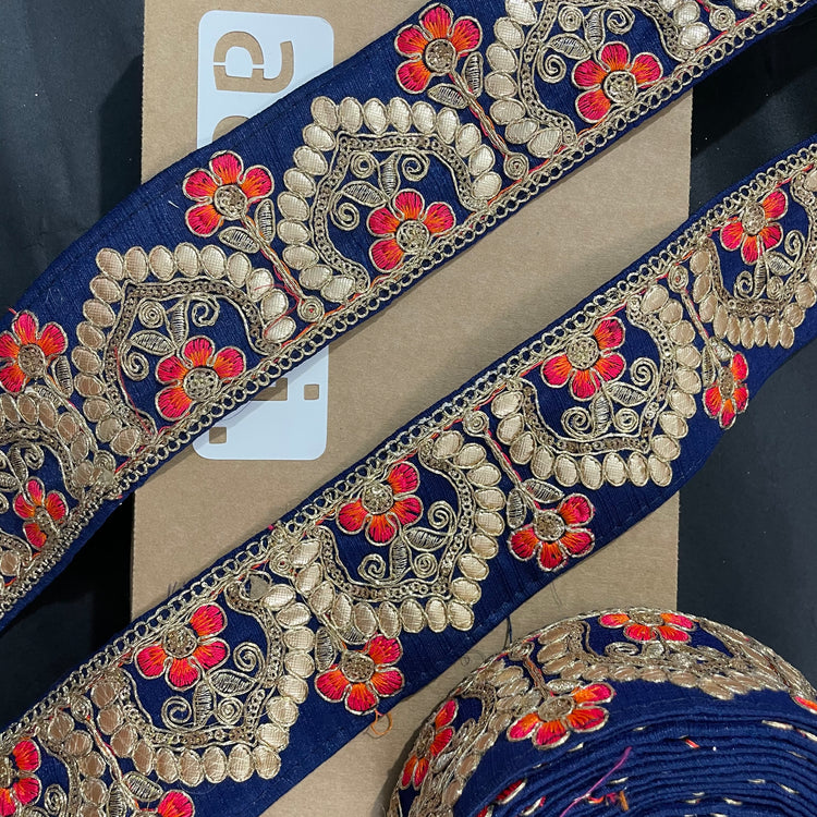 Royal Blue Embroidered Lace 9 Meters Roll