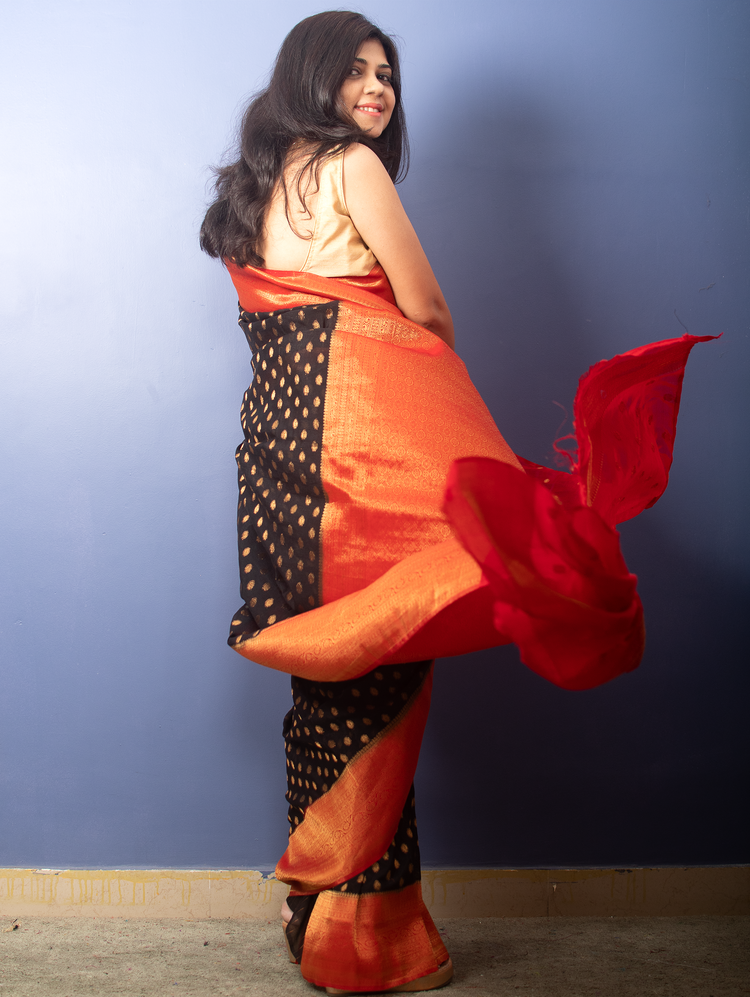 Black with Red Border Banarasi Georgette Sari With Silver Zari Work
