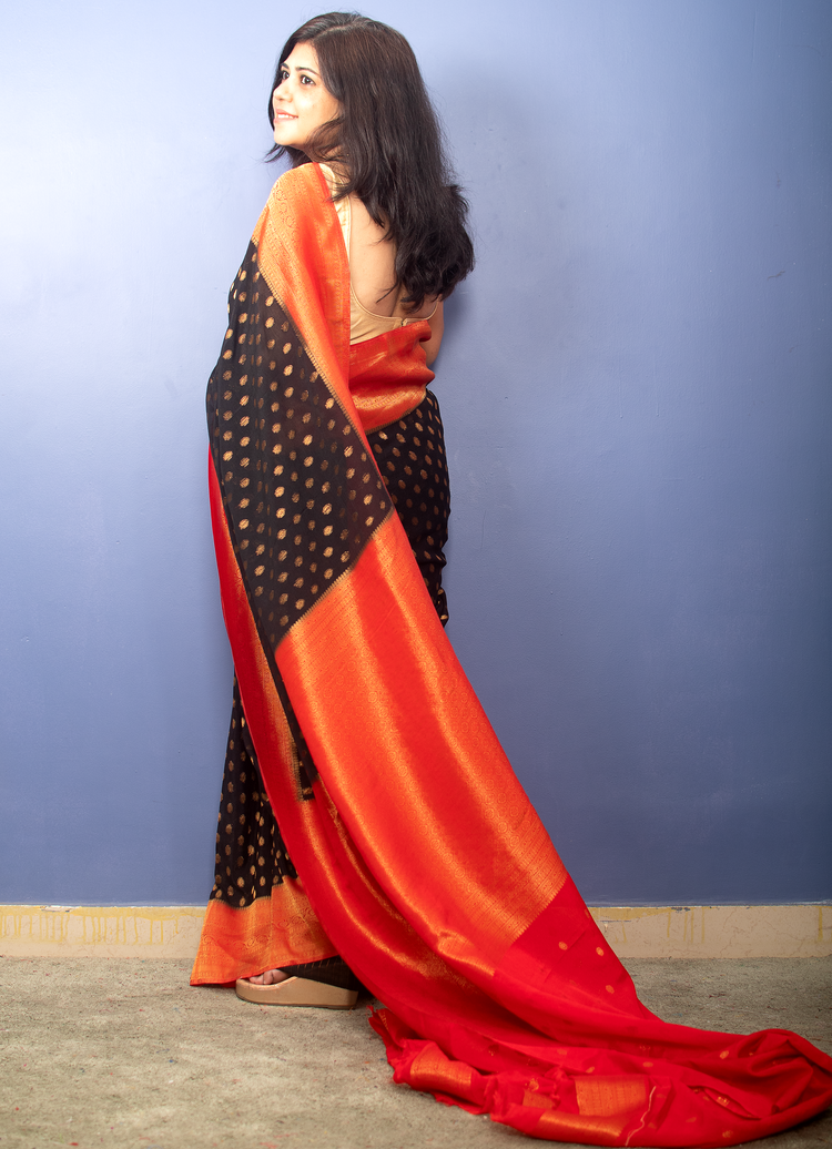 Black with Red Border Banarasi Georgette Sari With Silver Zari Work