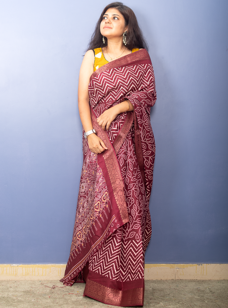 Wine Bandhni Printed Crepe Silk Sari