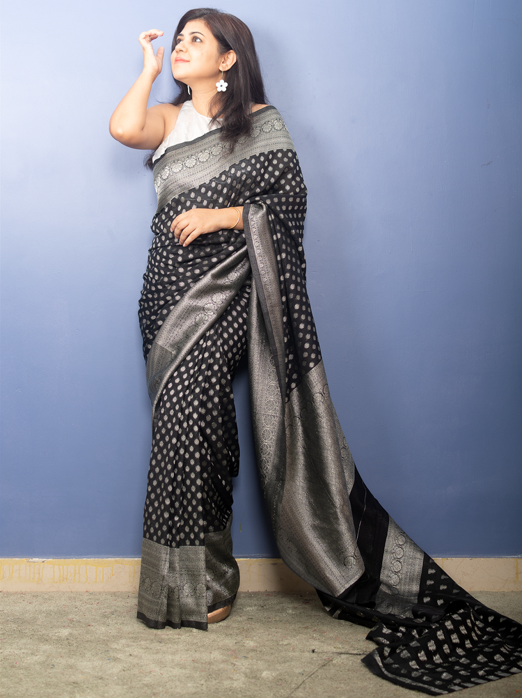 Black Banarasi Georgette Sari With Silver Zari Work