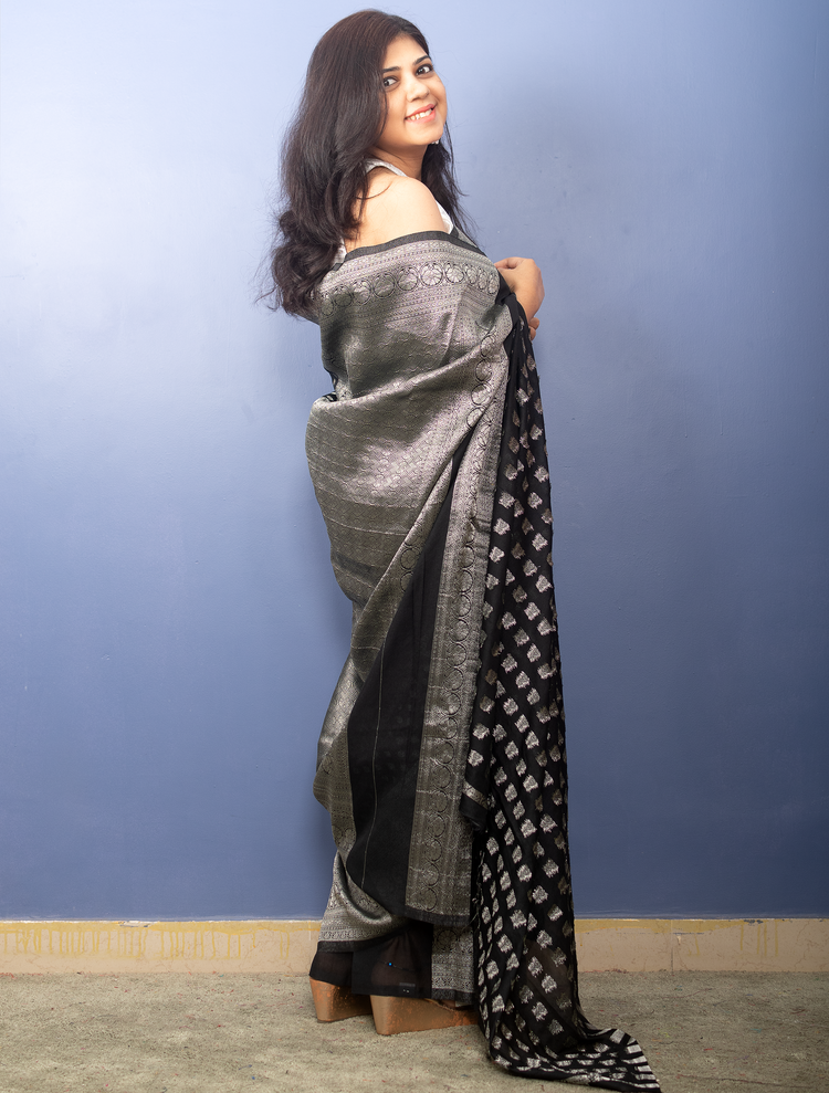 Black Banarasi Georgette Sari With Silver Zari Work