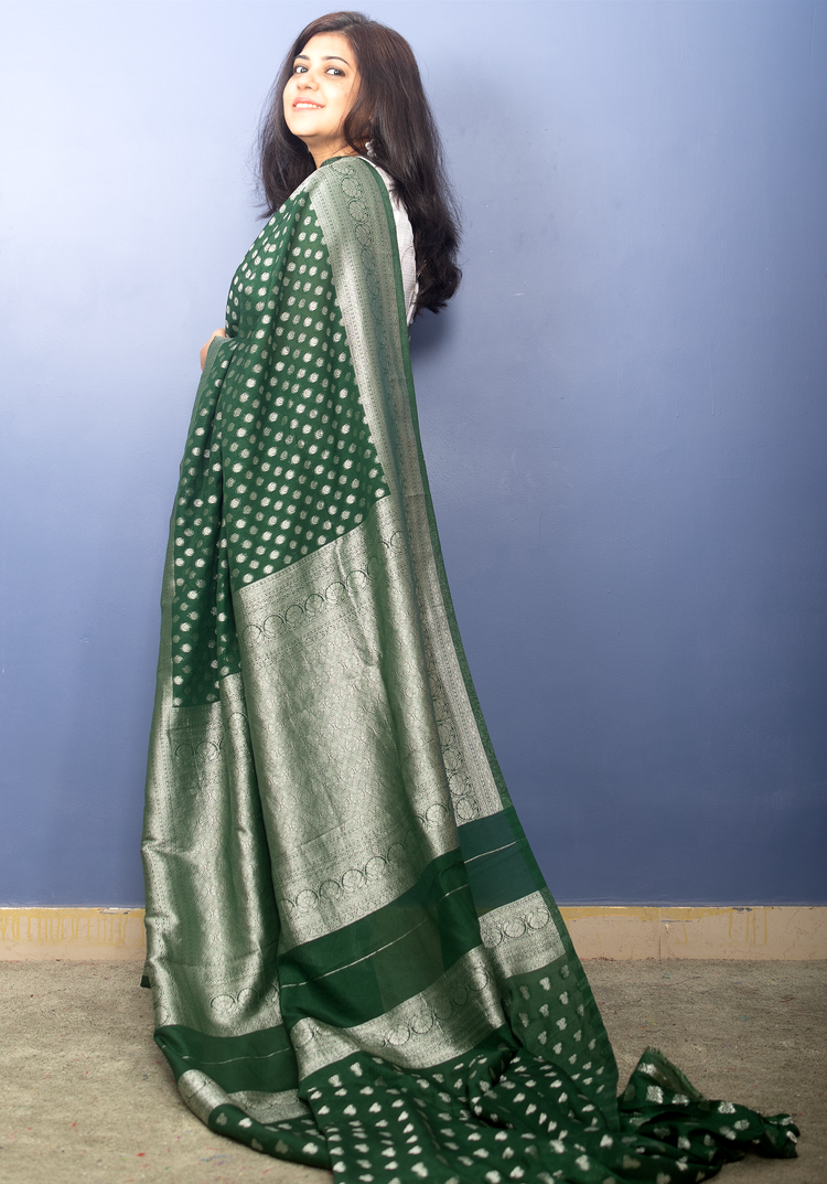 Green Banarasi Georgette Sari With Silver Zari Work