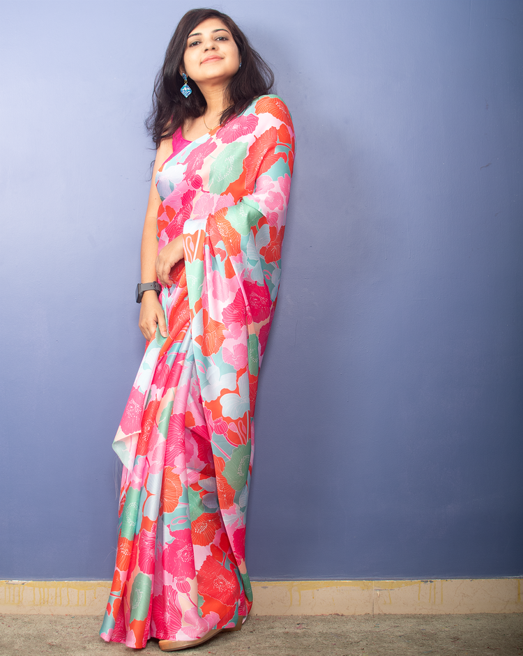 Flora - Digital Floral Print Satin Sari