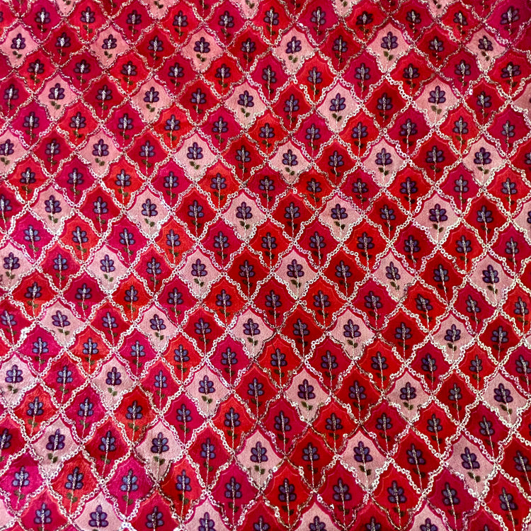 Multi Color Pink Red Shade With Sequin Embroidery Fabric
