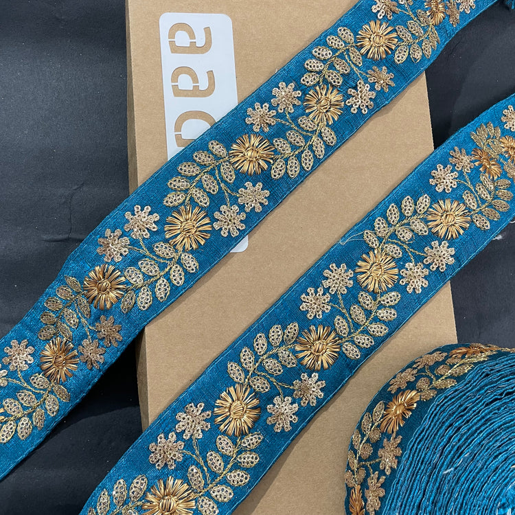 Cyan Embroidered Lace 9 Meters Roll