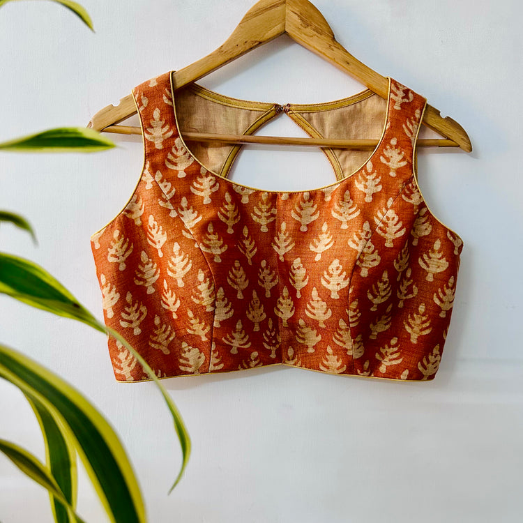 Ochre Tusser Hand Block Designer Blouse