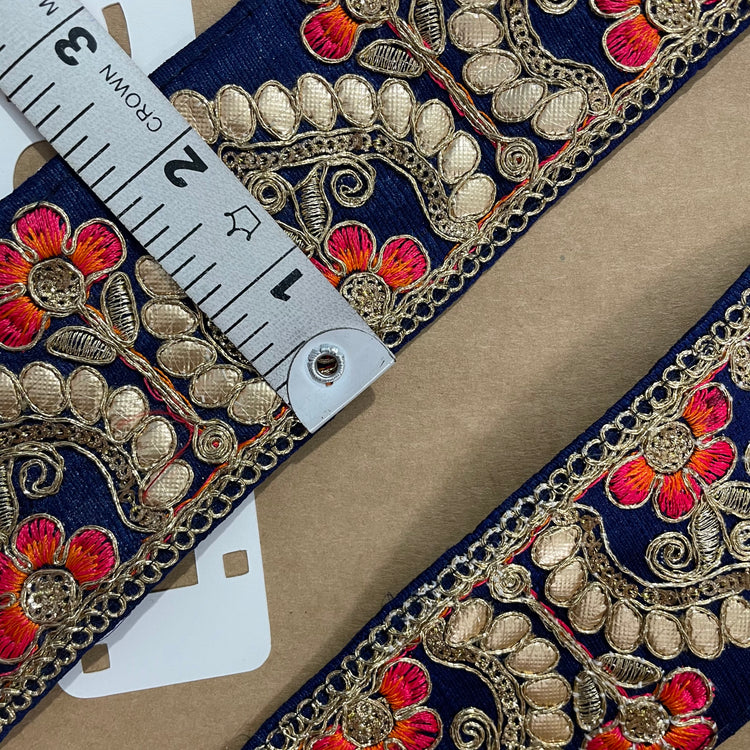 Royal Blue Embroidered Lace 9 Meters Roll