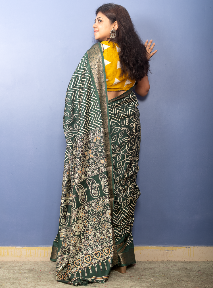 Deep Green Bandhni Printed Crepe Silk Sari