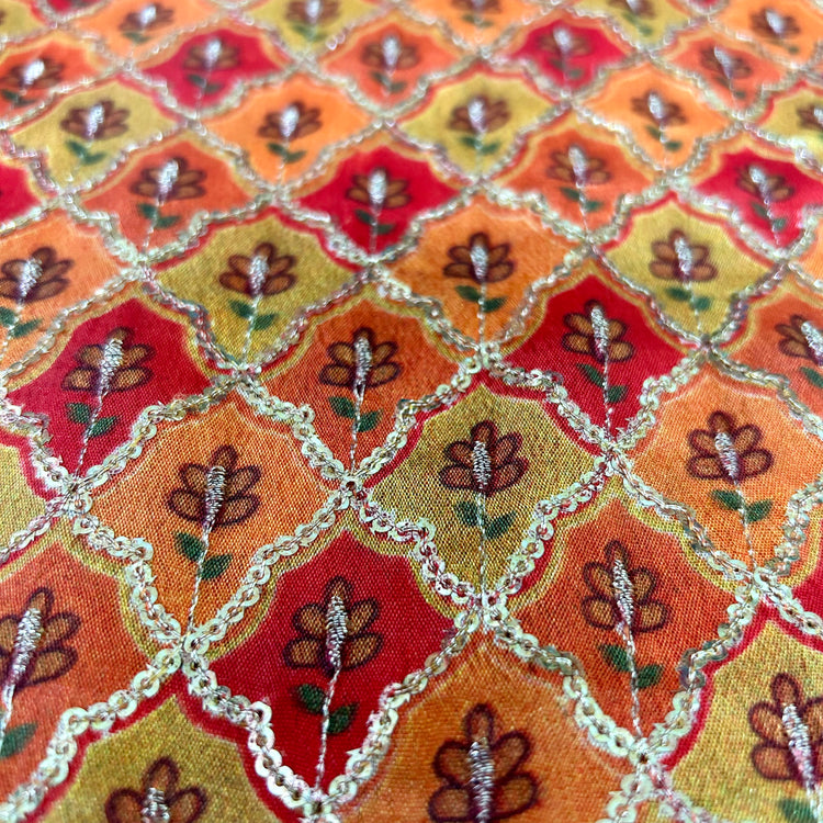 Multi Color Orange Red Shade With Sequin Embroidery Fabric