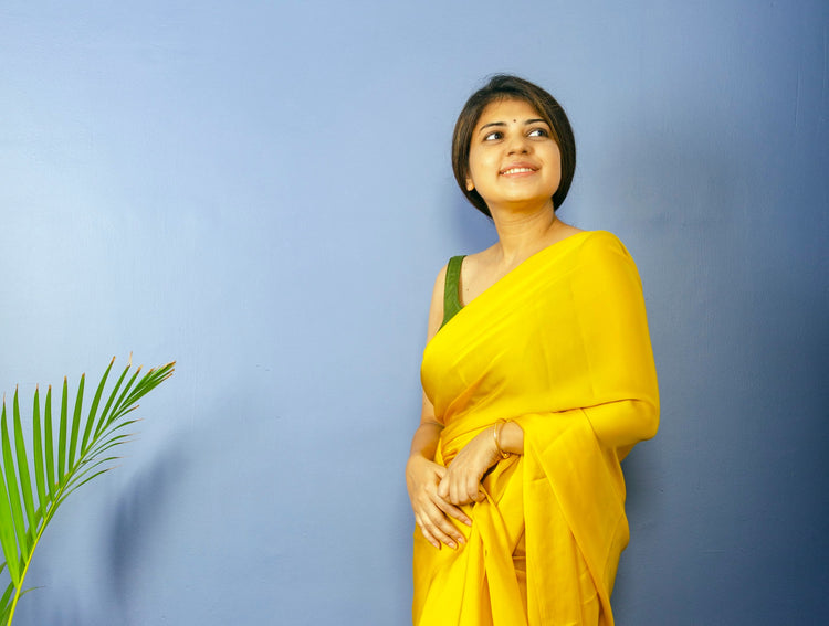 Mustard Yellow Satin Saree With Green Blouse Piece