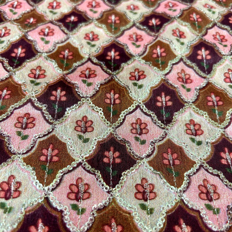 Multi Color Brown Peach Shade With Sequin Embroidery Fabric