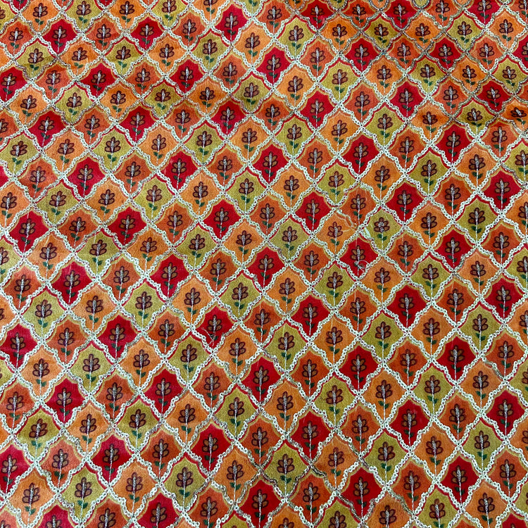 Multi Color Orange Red Shade With Sequin Embroidery Fabric