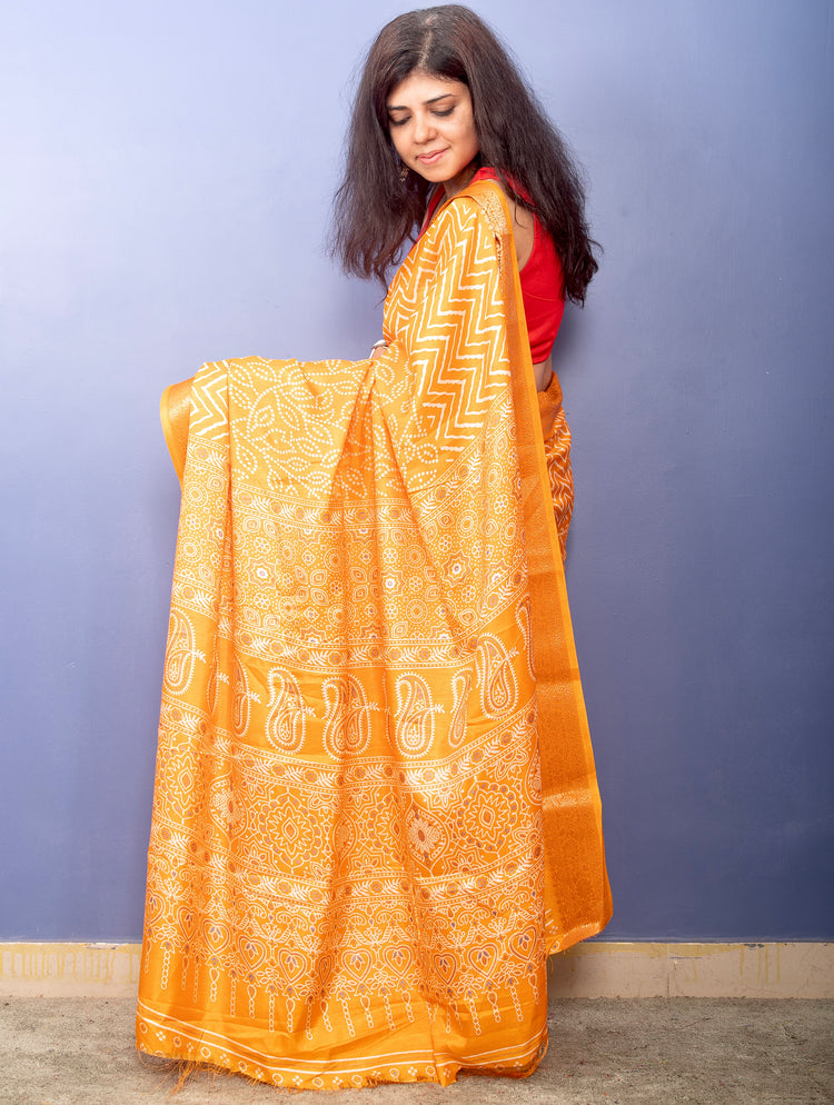 Tangerine Yellow Bandhni Printed Crepe Silk Sari