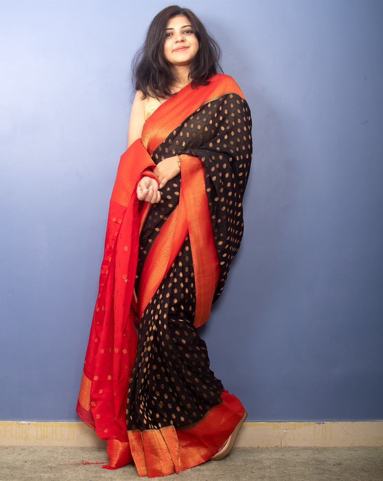 Black with Red Border Banarasi Georgette Sari With Silver Zari Work