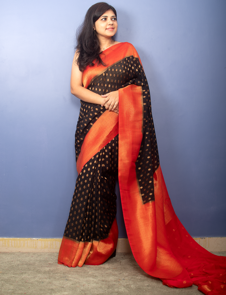 Black with Red Border Banarasi Georgette Sari With Silver Zari Work