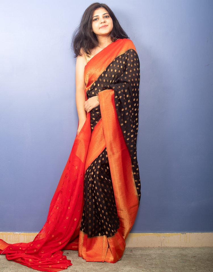 Black with Red Border Banarasi Georgette Sari With Silver Zari Work