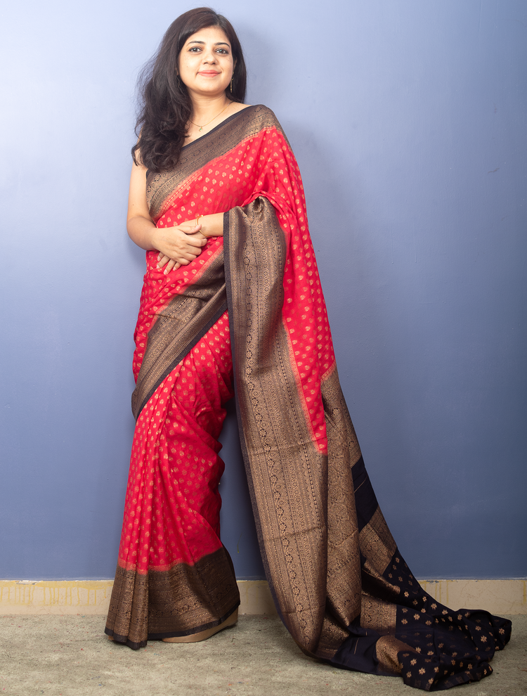 Red with Black Border Banarasi Georgette Sari With Silver Zari Work