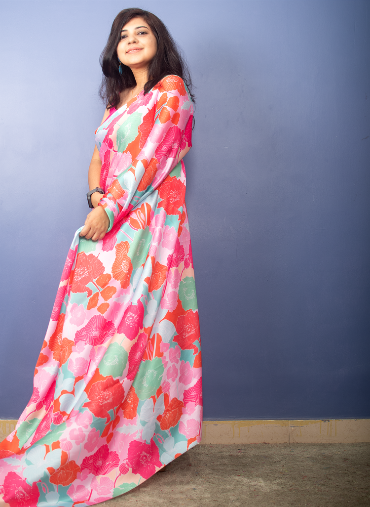 Flora - Digital Floral Print Satin Sari