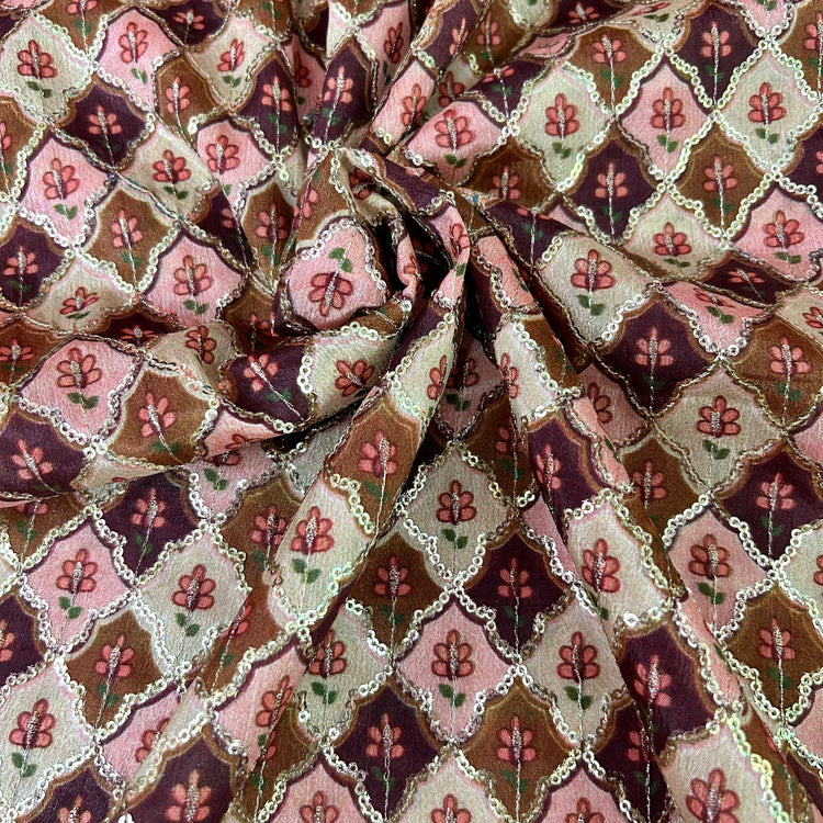 Multi Color Brown Peach Shade With Sequin Embroidery Fabric