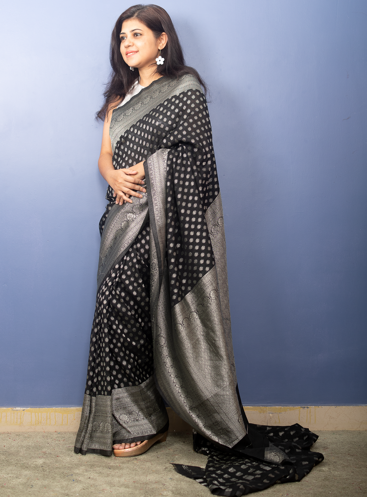 Black Banarasi Georgette Sari With Silver Zari Work