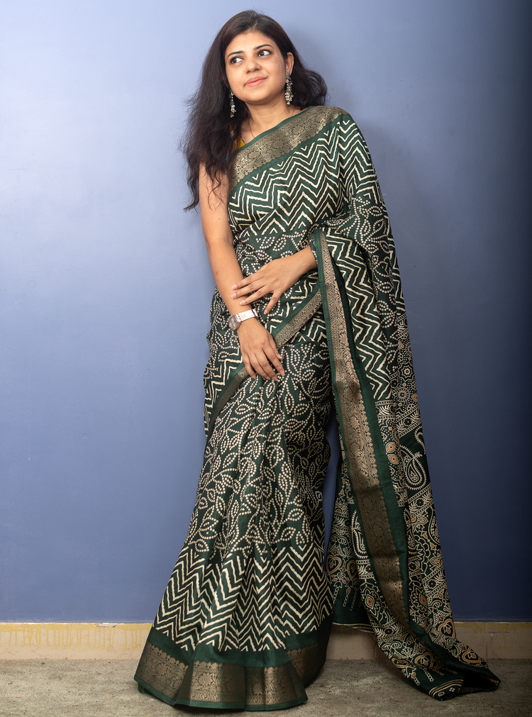 Deep Green Bandhni Printed Crepe Silk Sari