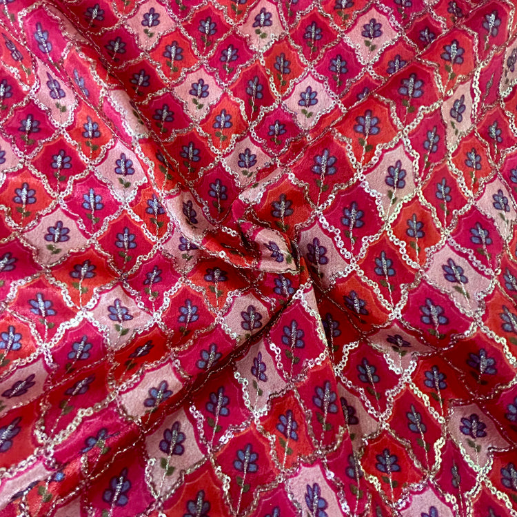 Multi Color Pink Red Shade With Sequin Embroidery Fabric