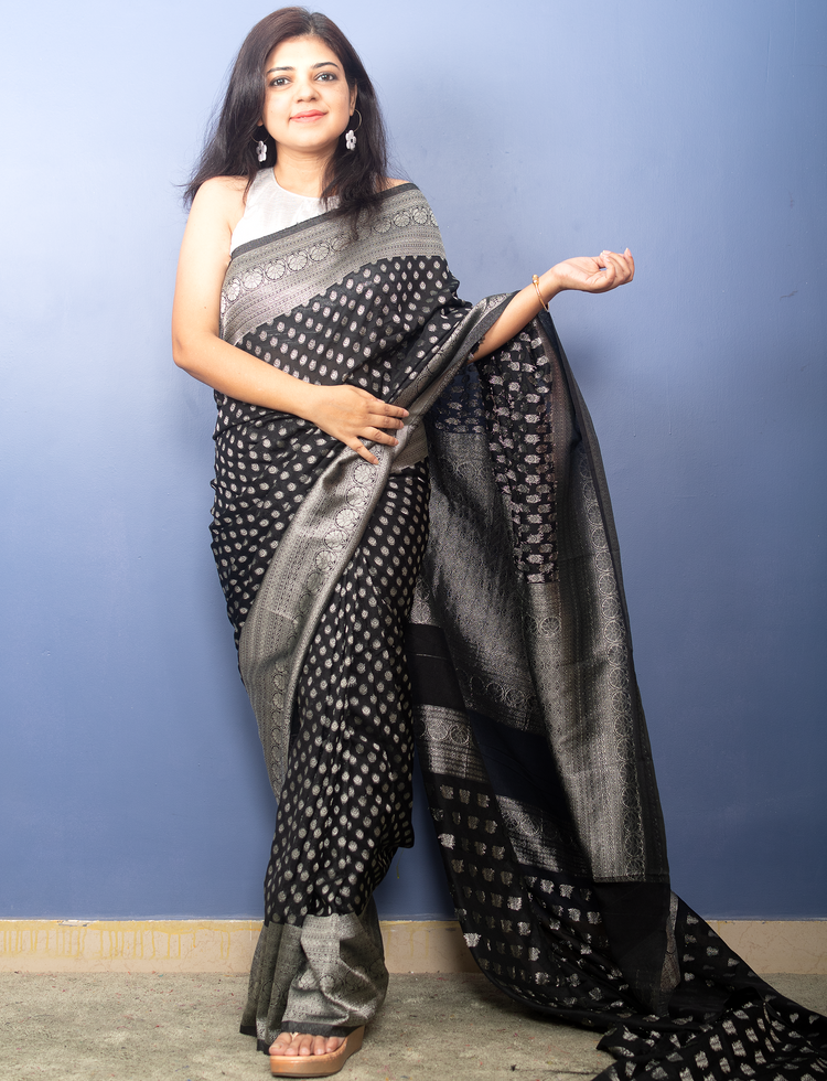 Black Banarasi Georgette Sari With Silver Zari Work
