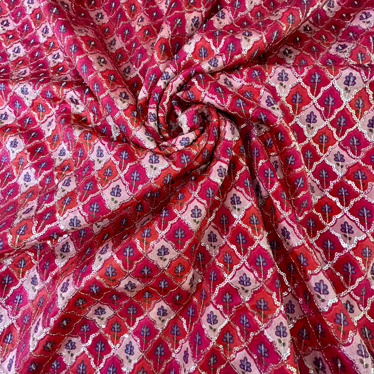 Multi Color Pink Red Shade With Sequin Embroidery Fabric