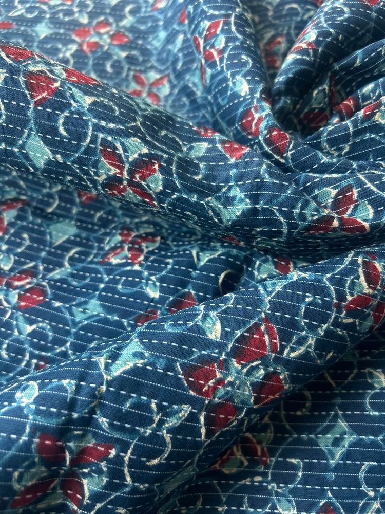 Prussian Ajrakh Print with kantha stitch on Cotton Fabric