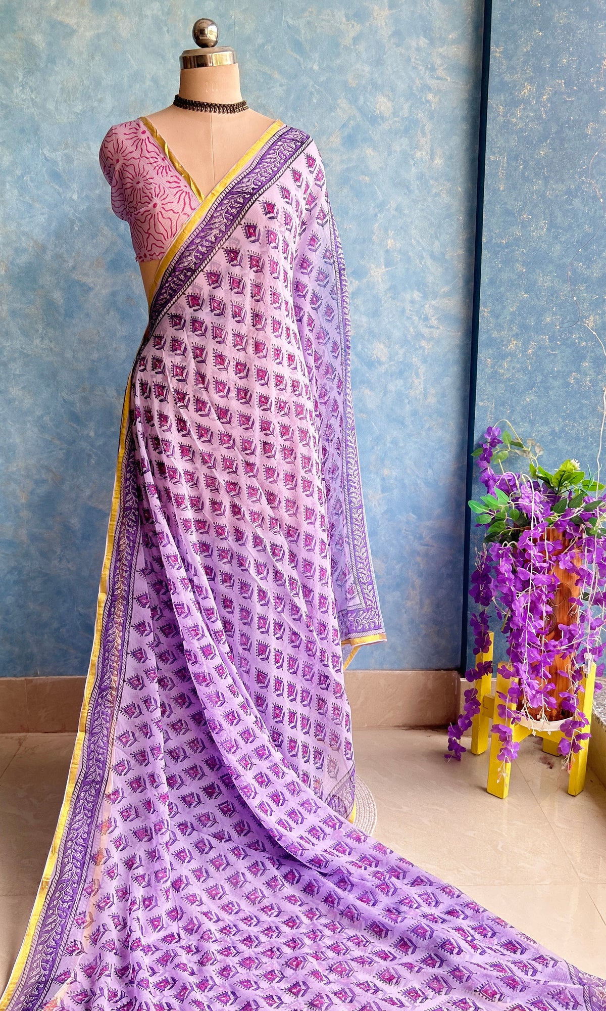 Purple Chiffon Handblock Printed Saree — view 2