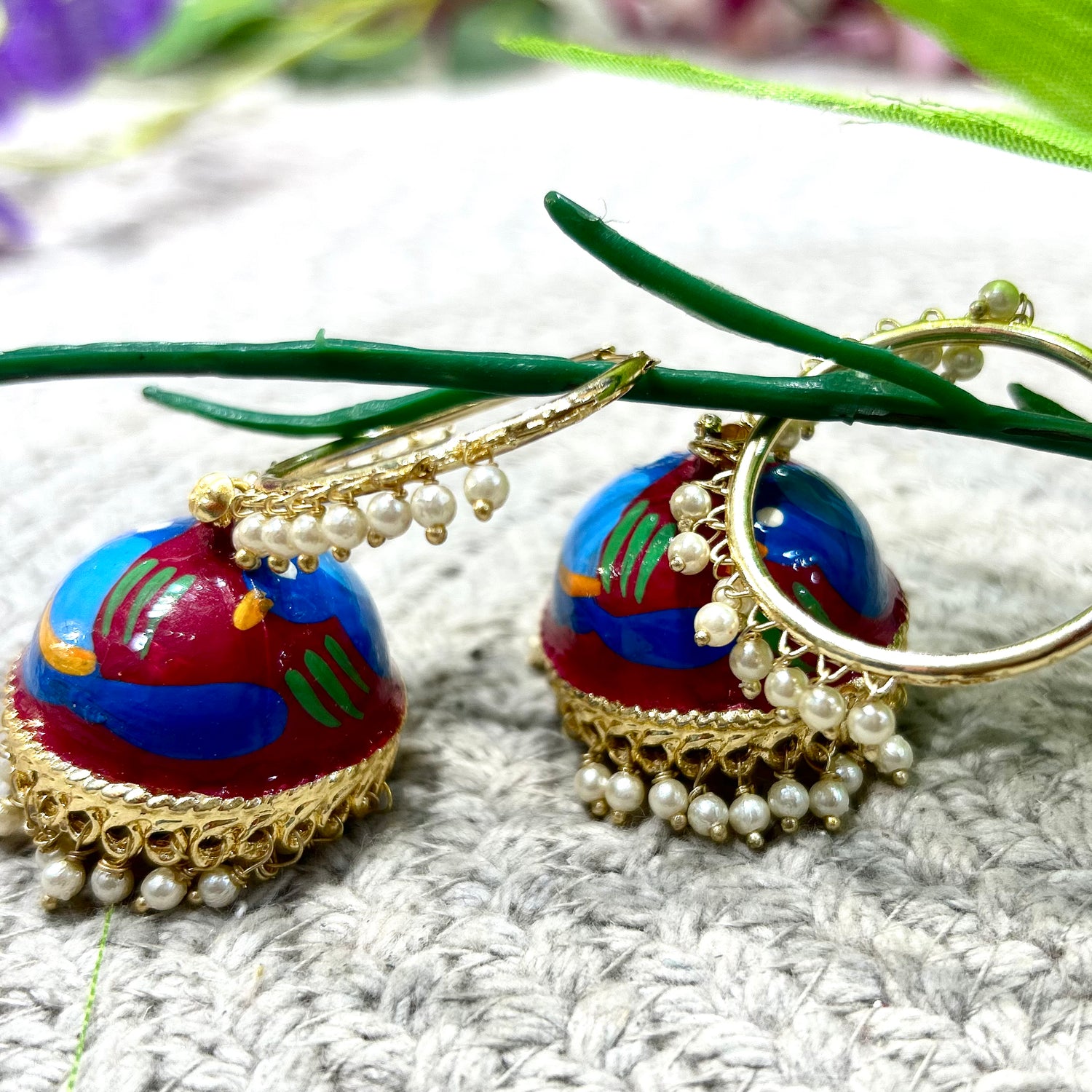 Maroon Hand Painted Jhumka — view 4