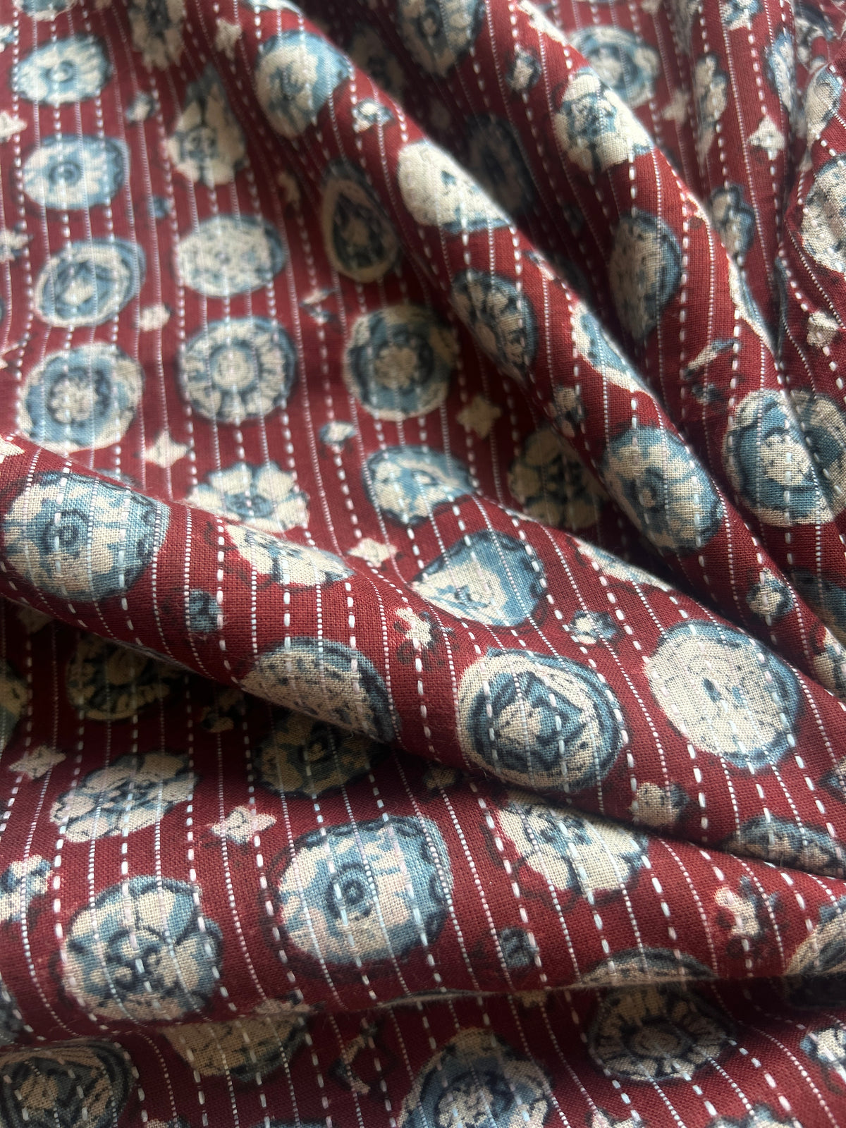Maroon Ajrakh Print with kantha stitch on Cotton Fabric — view 3