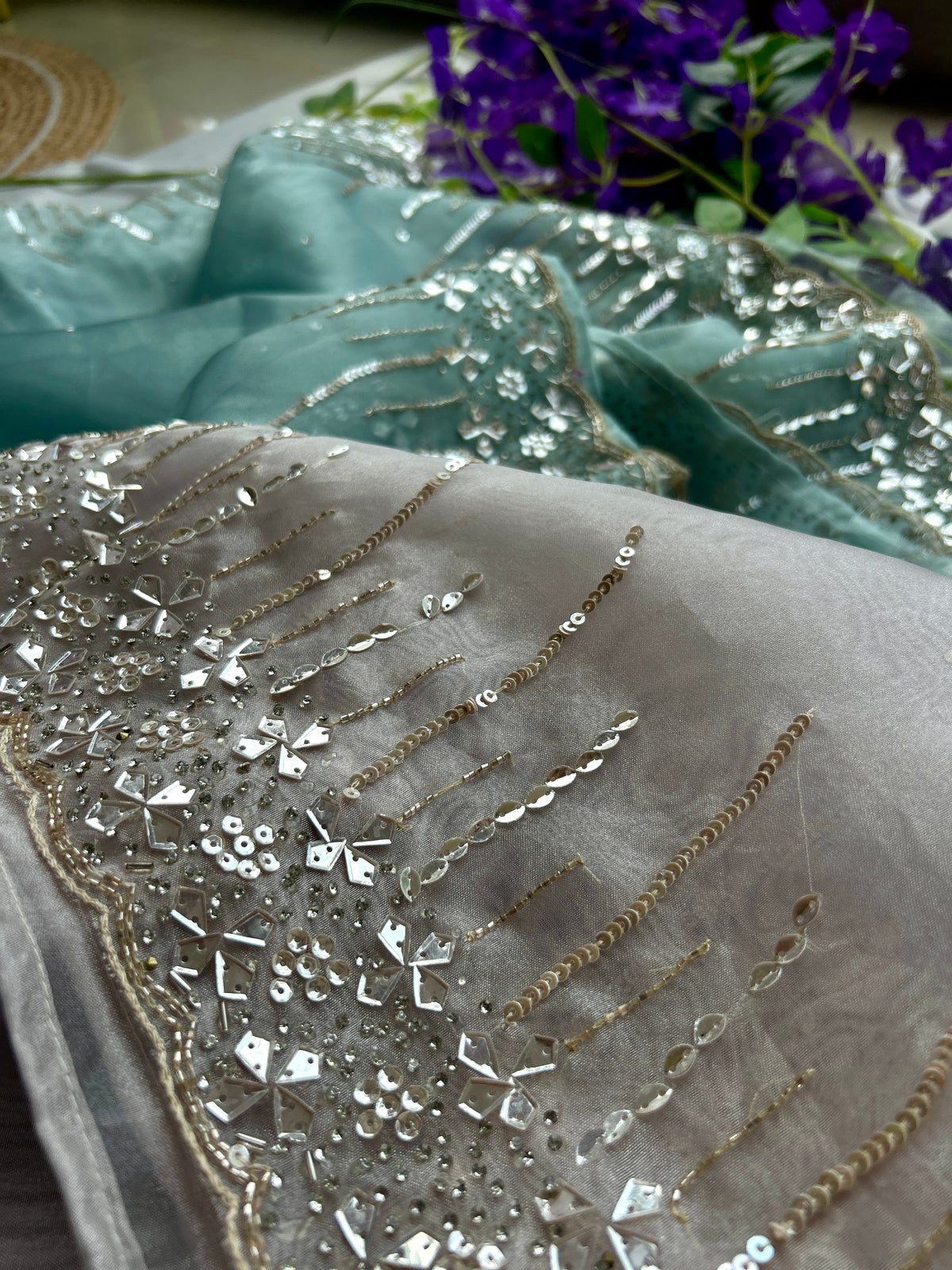 Aqua and Perl Colour Hand Embroidery on Organza Sari — view 4