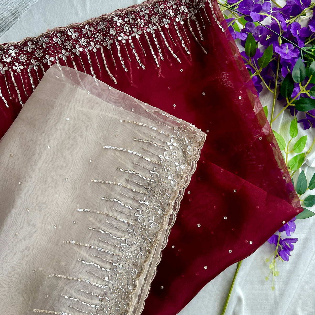 Maroon and Perl Colour Hand Embroidery on Organza Sari — view 2