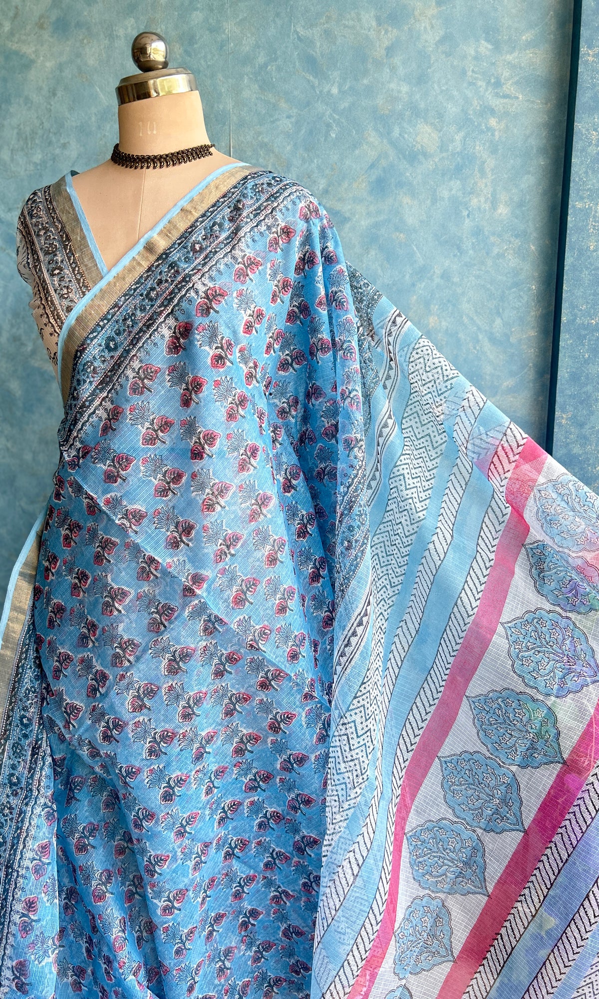 Powder Blue HandBlock Printed Kota Sari — view 3