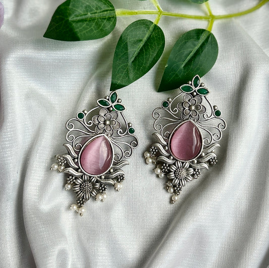 Pastle Pink Silver Oxidised Earrings
