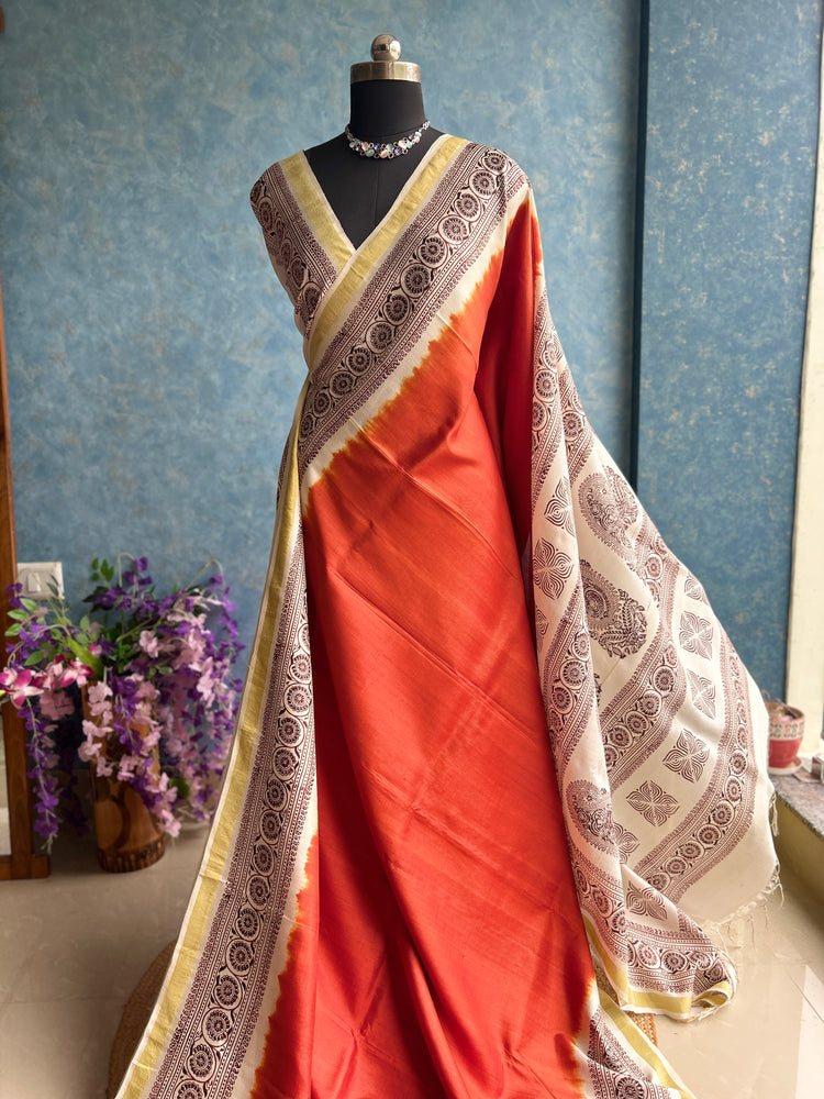 Neo Orange Handblock Bishnupuri Silk Sari