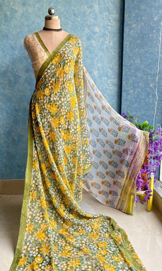 Floral Chiffon Handblock Printed Saree