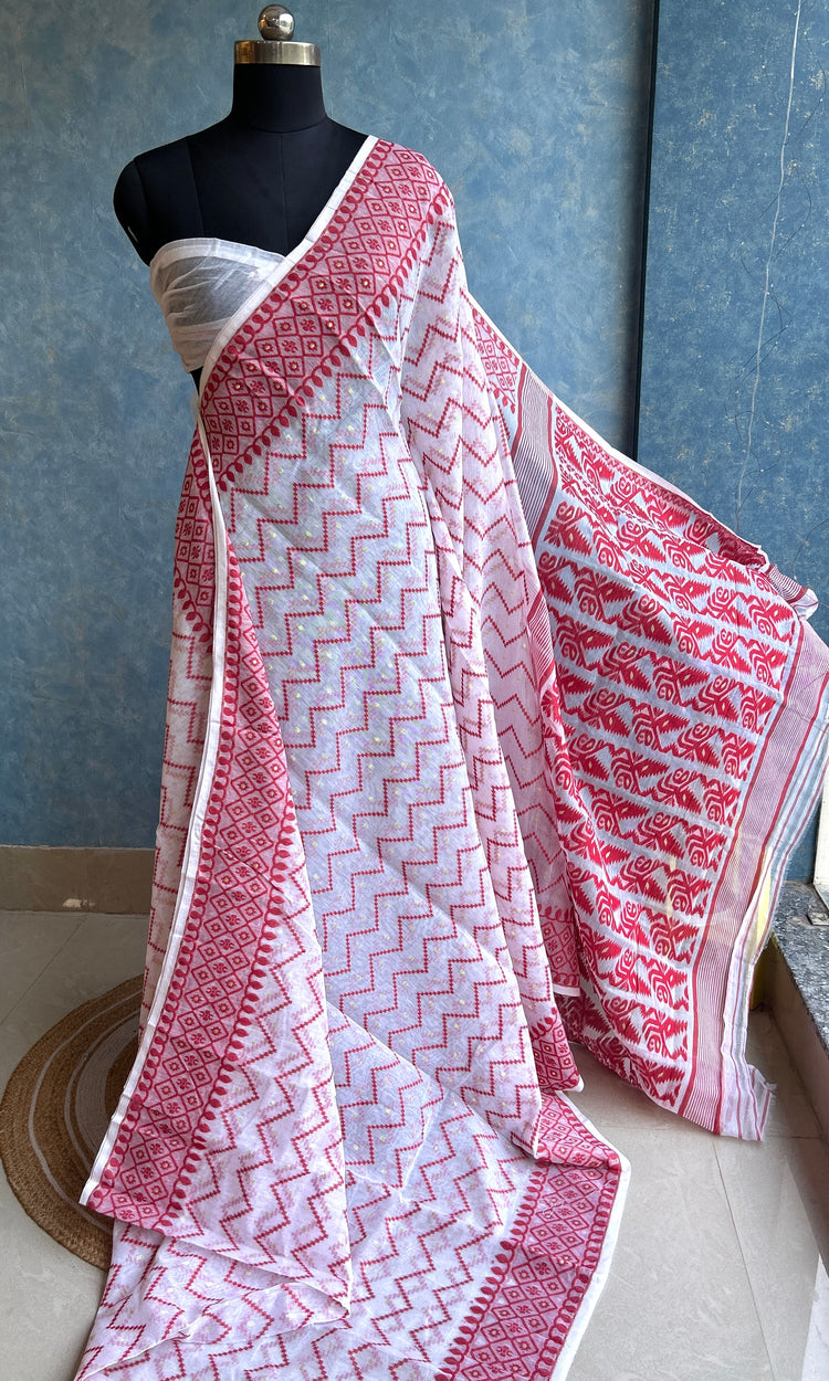 White Red Dhakai Jamdani
