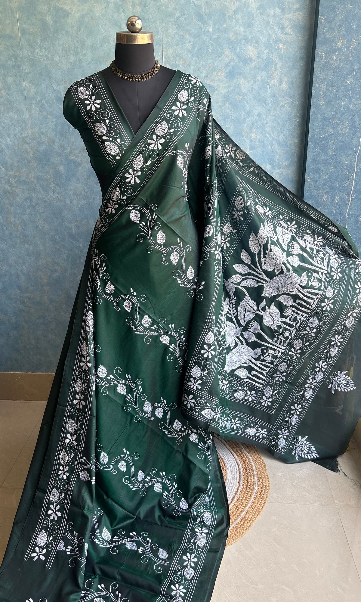 Bottle Green Kantha Saree — view 4