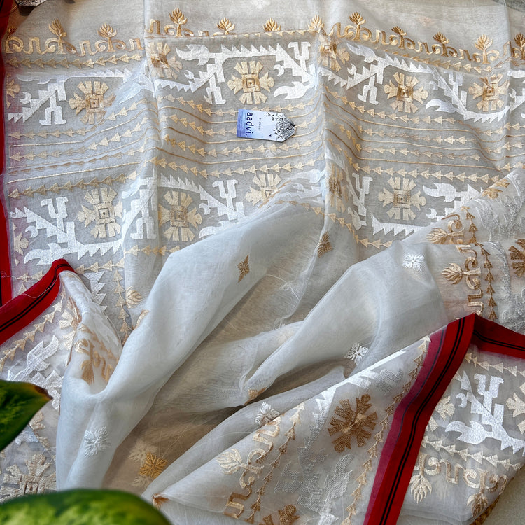 White Dove Resham Silk Muslin Jamdani Saree